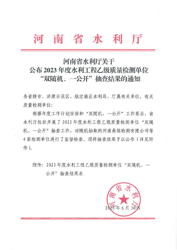 博彩平台关于公布2023年度水利工程乙级质量检测单位“双随机、一公开”抽查结果的通知